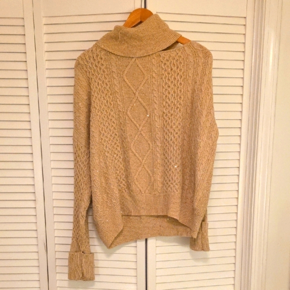 Sofia by Sofia Vergara Beige Cable Knit Turtleneck Sweater